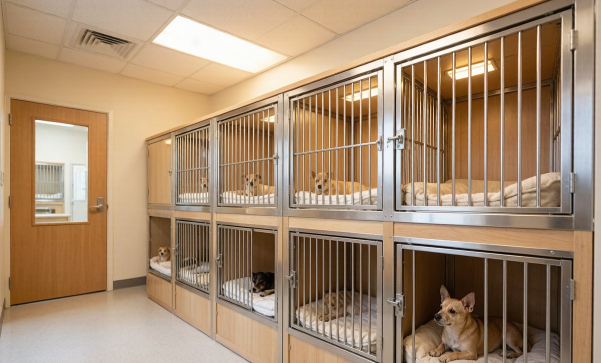 犬舍区：小型犬 / 中型犬 / 大型犬分区饲养（场景示意）